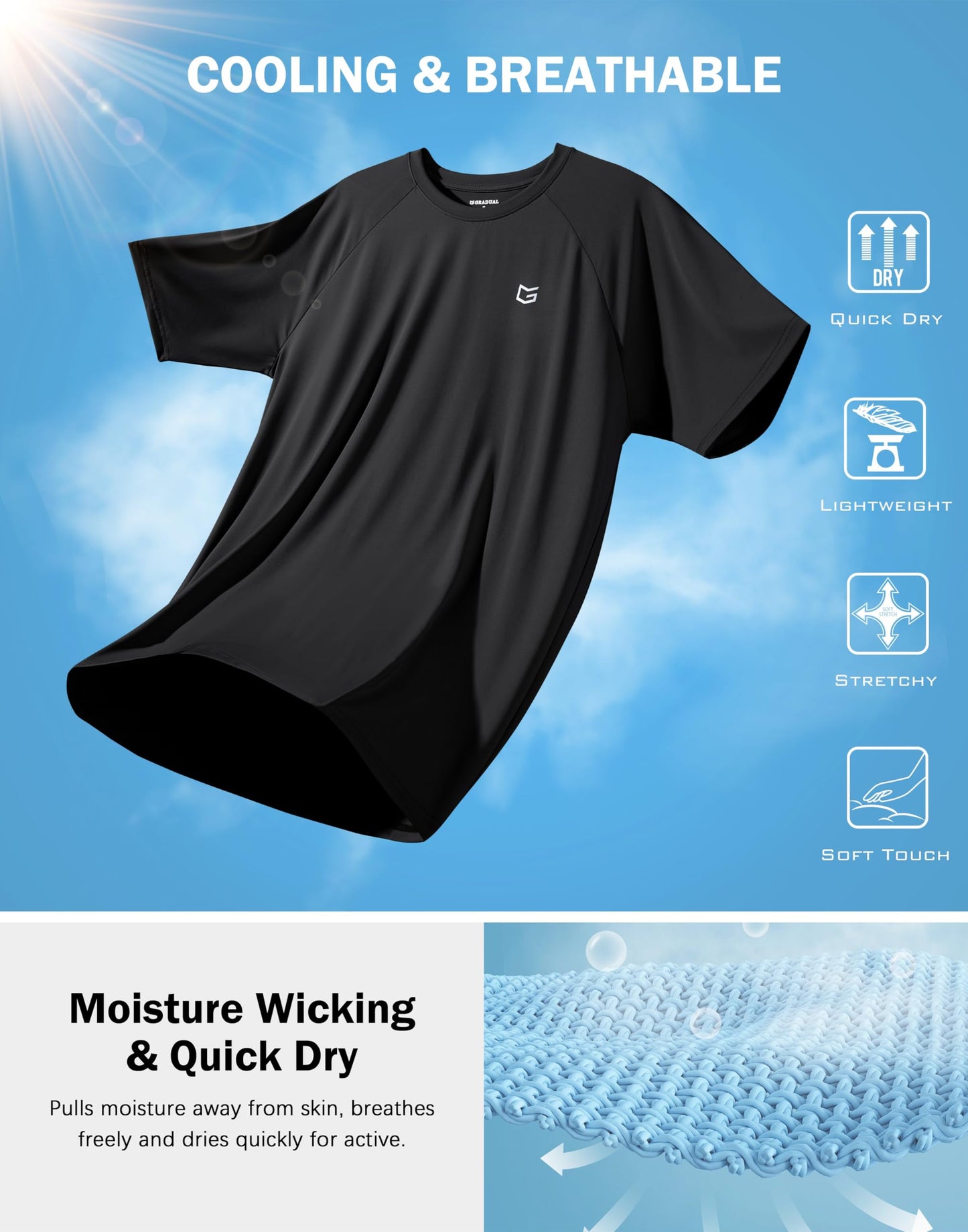 G Gradual Men's Athletic Workout T-Shirts Moisture Wicking Cooling Running Shirts Short Sleeve Performance Tee for Gym Tennis(Black,L)