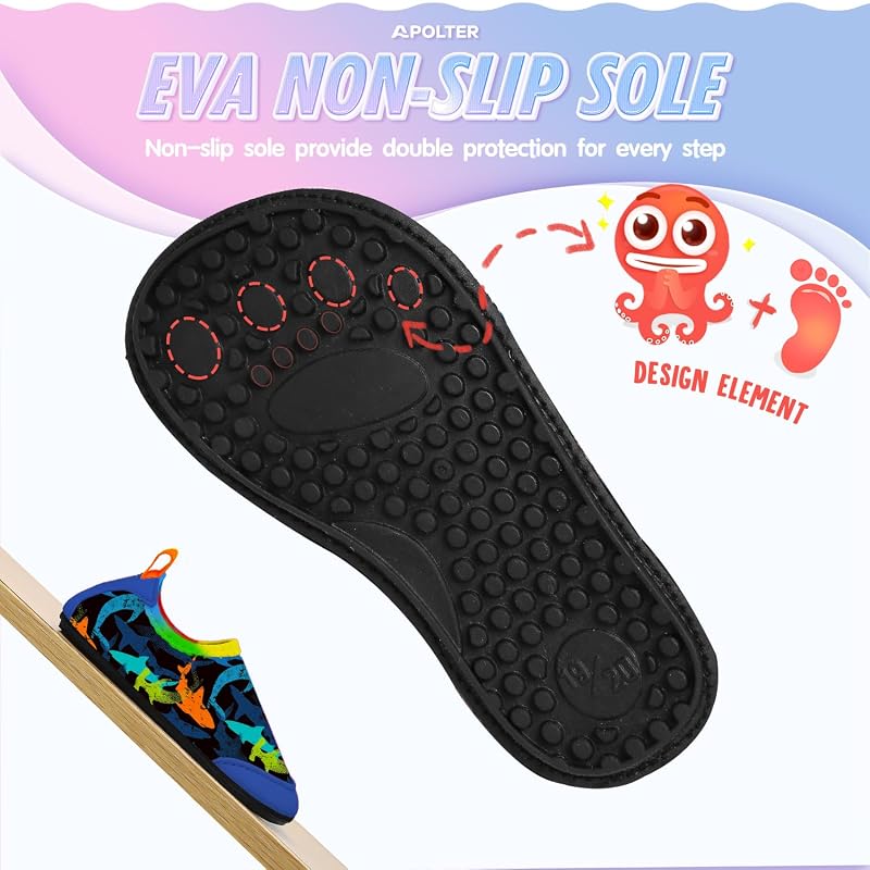 Beach Water Shoes for Kids - Non-Slip Aqua Socks with Colorful Shark Variation (Toddler 3.5-4.5)