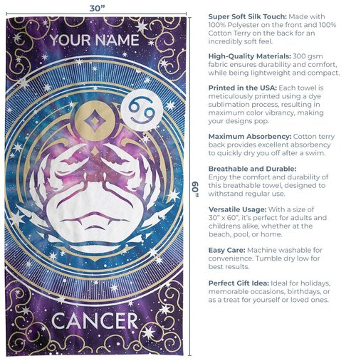 Personalized Zodiac Beach Towel for Adults – Custom Astrology Sign Towel with Name – Horoscope Birthday Gift for Women or Men; Cancer, Oversized 30"x60", 1-Sided Printing, Printed in The USA
