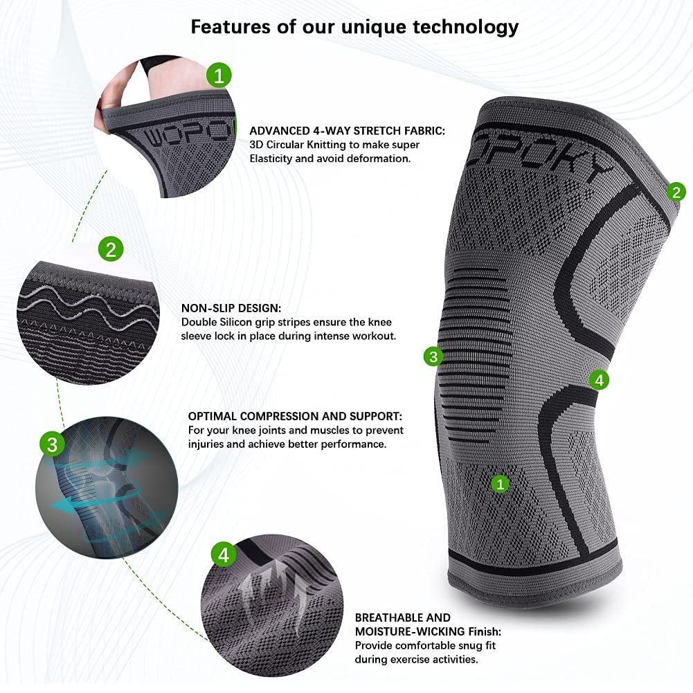 WOPOKY Knee Brace Sleeves for Weightlifting Working out, Knee Pain Relief for Meniscus Tear Arthritis ACL MCL (2 Pack)