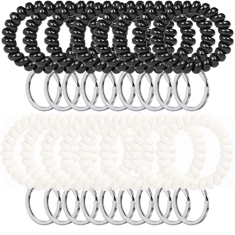 100 Pcs Spiral Wrist Coil Keychains, Plastic Hair Band & Key Ring Set – Black & White