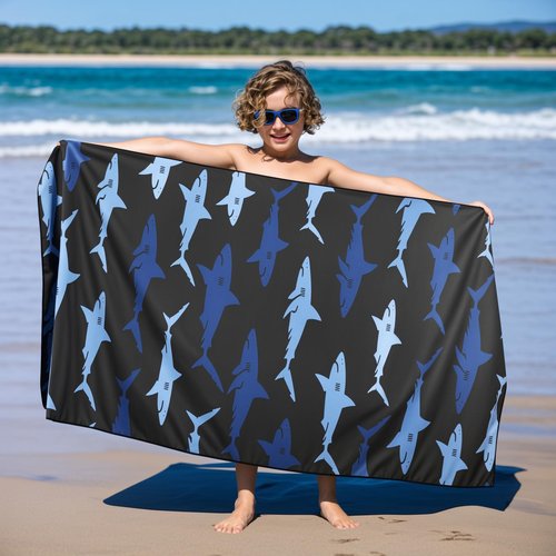 MelonBoat Large Microfiber Beach Towel: Bright Blue Cyan Shark Beach Towel for Travel, Super Absorbent Quick Dry Sand Free, Lightweight Compact for Kids Trip Vacation Bath Camping Pool Swim, 1 Pack