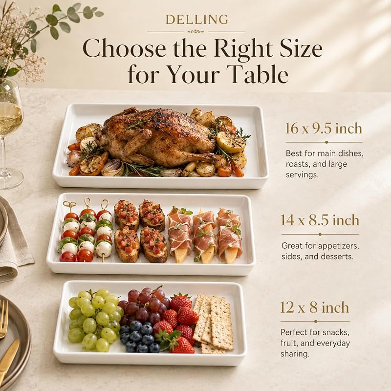 Large Rectangular Serving Platter Set of 3 – 16, 14 & 12 Inch Porcelain Trays, White