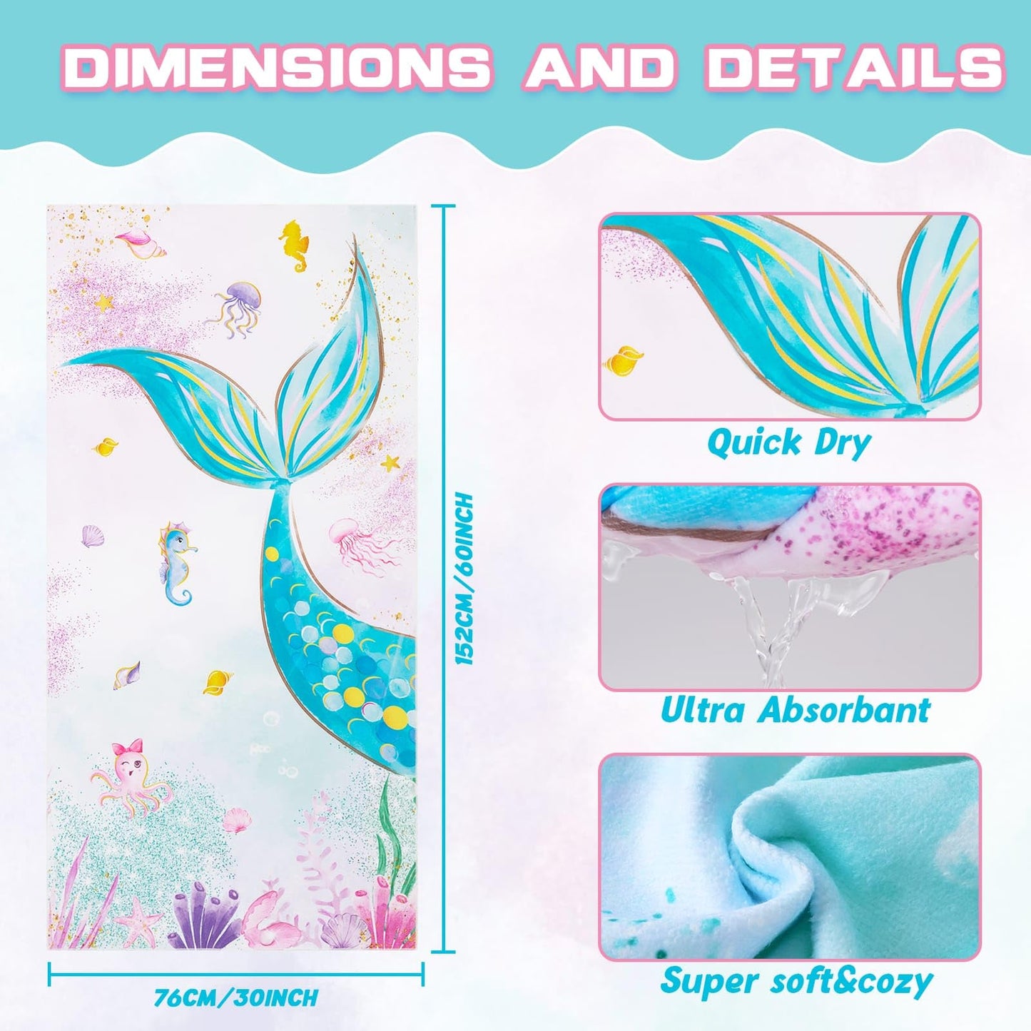WERNNSAI Mermaid Kids Beach Towel - 30” x 60” Microfiber Mermaid Sand Free Towels for Girls Bath Pool Camping Travel Towel Quick Dry Ultra Absorbent Super Soft Beach Blanket Bath Shower Towel