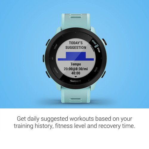 Garmin Forerunner 55, GPS Running Watch with Daily Suggested Workouts, Up to 2 weeks of Battery Life, Aqua One Size (Renewed)