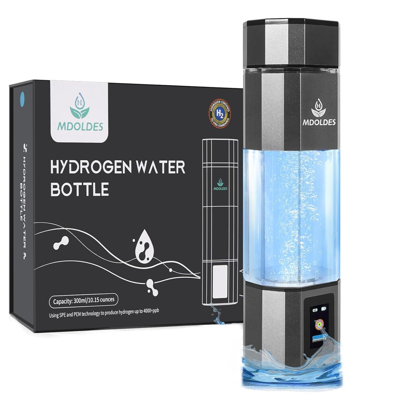 Hydrogen Water Bottle -Mdoldes- Concentration up to 4.0+PPM-SPE and PEM Technology Hydrogen Water Bottle,Certified H2 Generator， H2 Half-Life: 80 Minutes， Blood Sugar lowering, 10.15 oz (Gun Grey)