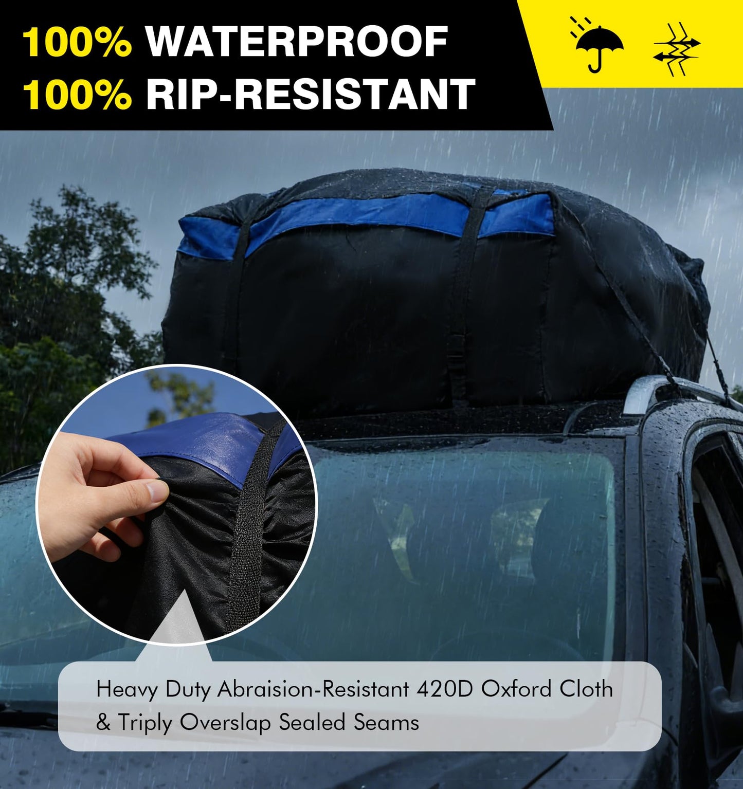 Cyfie Car Rooftop Cargo Carrier Bag, 15 Cubic Feet Waterproof Heavy Duty 420D Oxford Cloth Car Roof Luggage Cargo Storage Bag for All Vehicles with/Without Rack (Black and Blue)