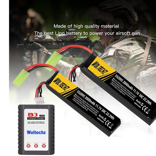 Woltechz Lipo Battery 2-Pack 11.1V Airsoft Battery 2000mAh 30C Rechargeable Battery with Mini Tamiya Connector for Airsoft Guns Airsoft Rifle