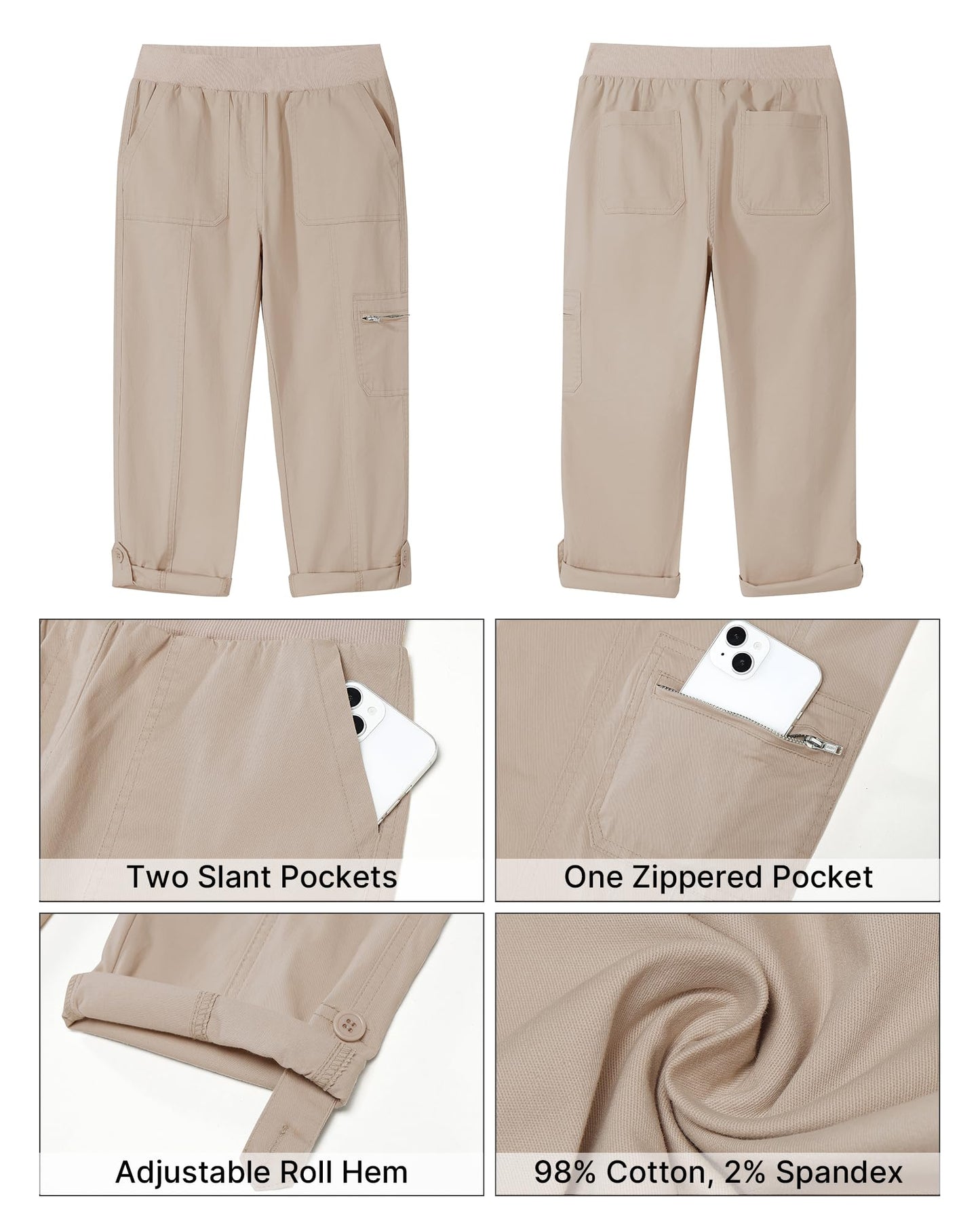 GRAPENT High Waisted Cargo Pants Women's Cargo Pants Capris with Pockets for Women Womens Trousers Cropped Cargo Pants Women Stretchy with Zipped Pockets Color Light Taupe X-Large Size 16 to 18
