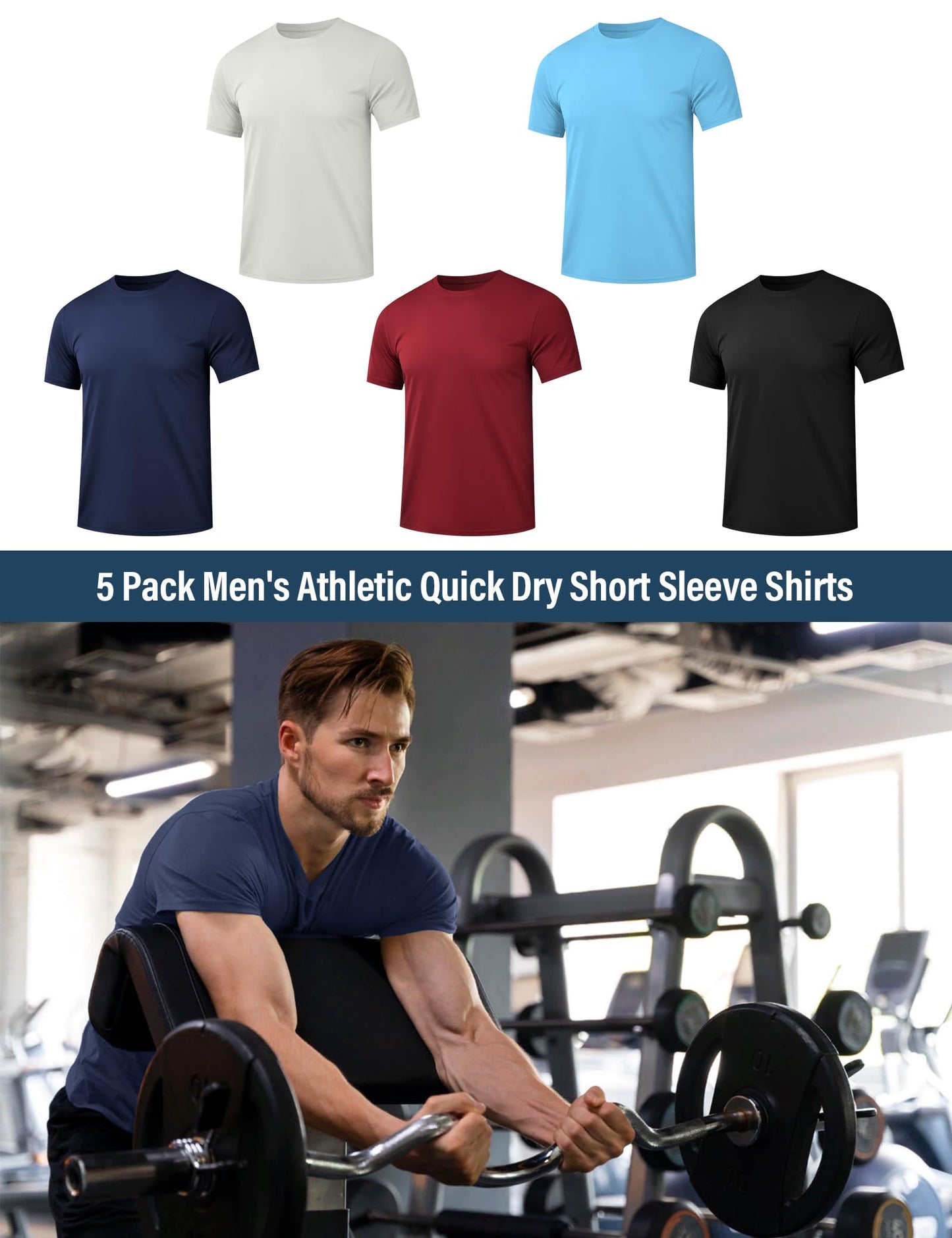 HOPLYNN 5 Pack Men's Dry Fit Workout Gym T Shirts, Short Sleeve Active Running Athletic Tee Tops 1 Black 1 Blue 1 Gray 1 Navy Blue 1 Wine Large