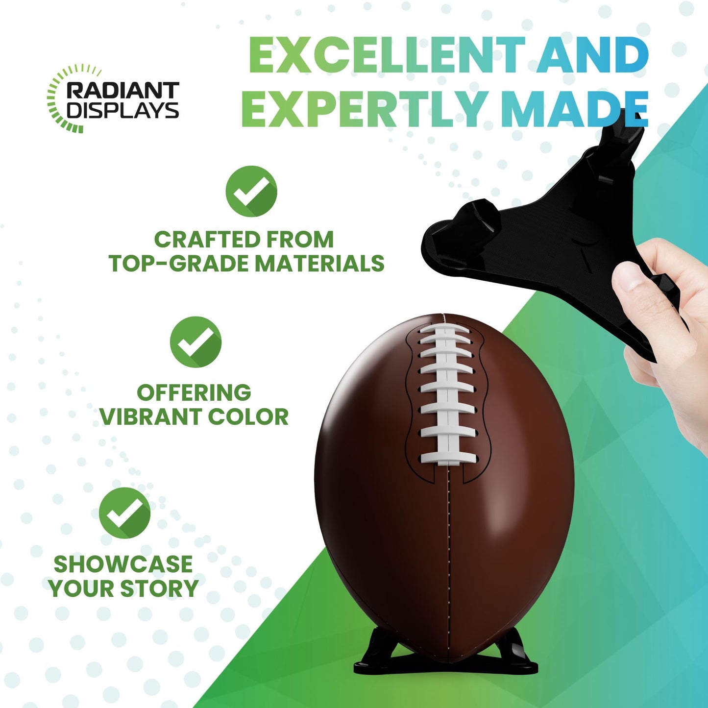 Radiant Displays Football Display Stand – Black – Premium Holder for Footballs & Rugby Balls – Vertical & Horizontal Display – Made in USA – Showcase Autographed, Signed & Collectible Balls