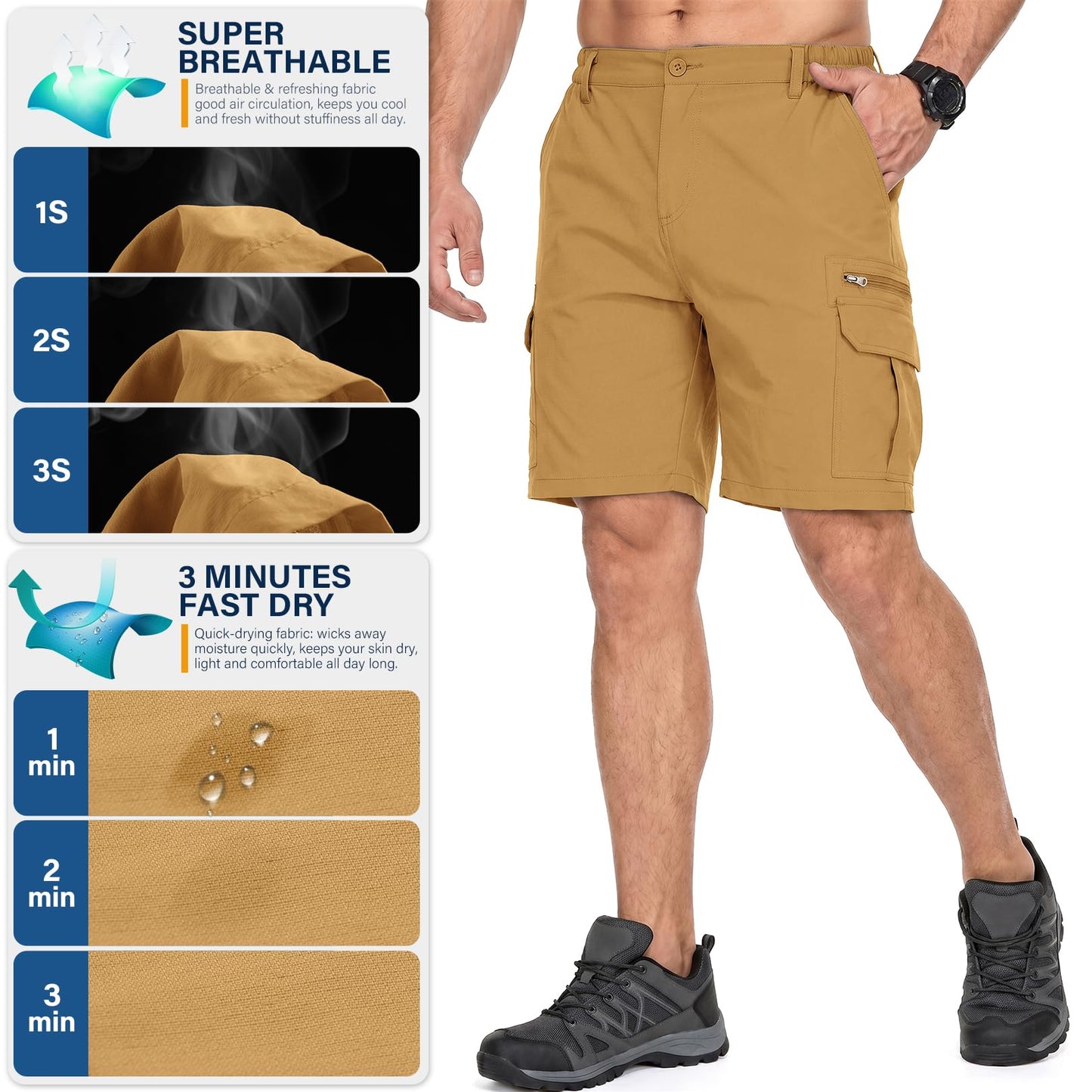 Jessie Kidden Mens Outdoor Casual Expandable Waist Lightweight Water Resistant Quick Dry Fishing Hiking Shorts (6222 Yellow Brown 38)