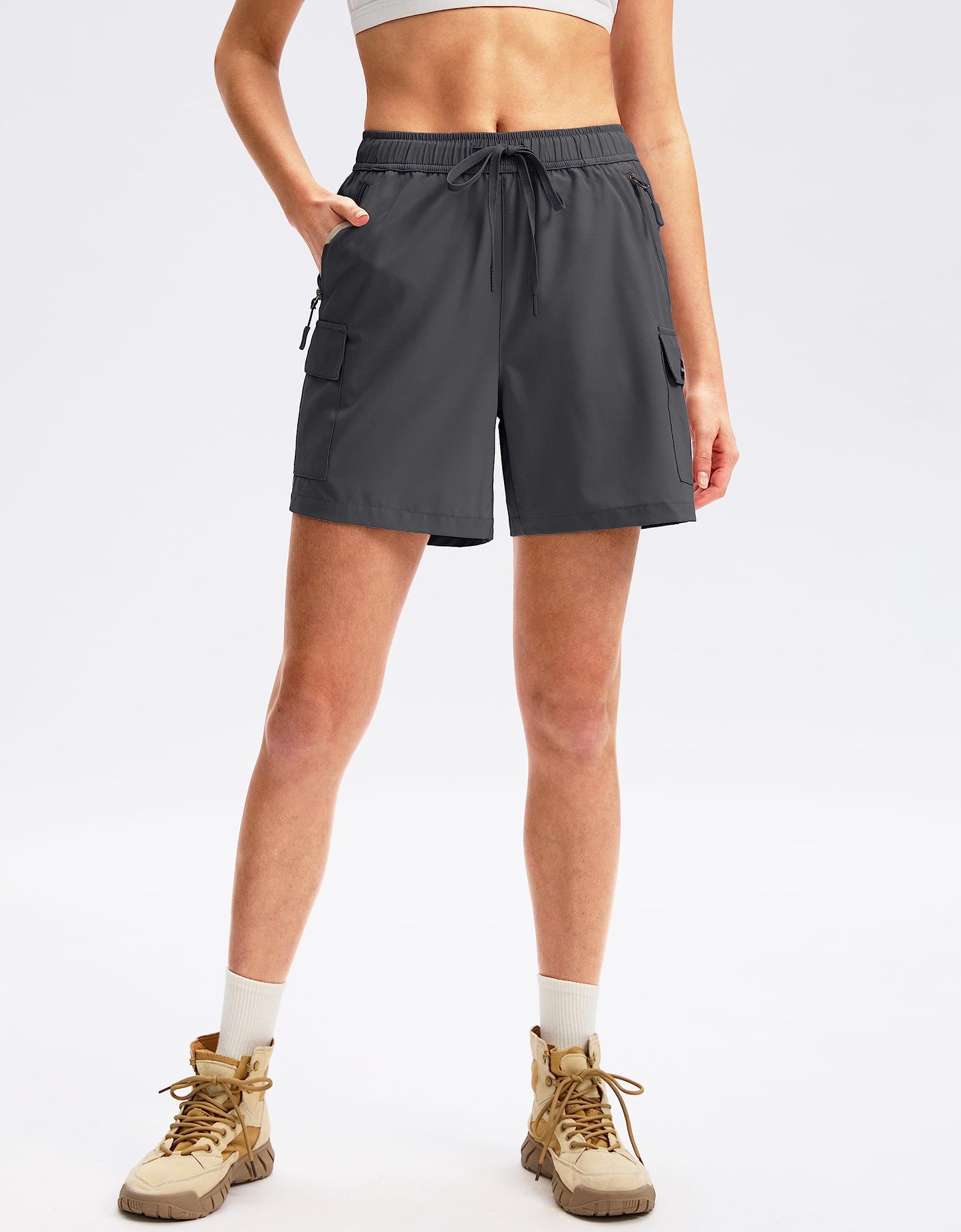 SANTINY Women's 5''/ 7''/9'' Hiking Cargo Shorts Quick Dry Lightweight Summer Shorts for Women Athletic Golf Zipper Pockets(Dark Grey_XL)