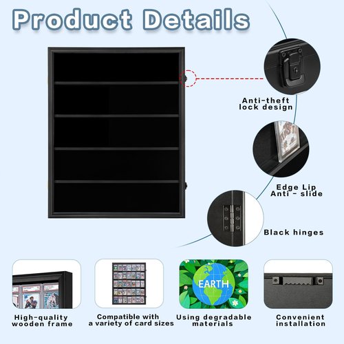 Nixvexy 35 Graded Card Display Case - Wall-Mount Baseball Card Display Case - Lockable Box with UV Protection Acrylic for Display Basketball Hockey Football Card - Black