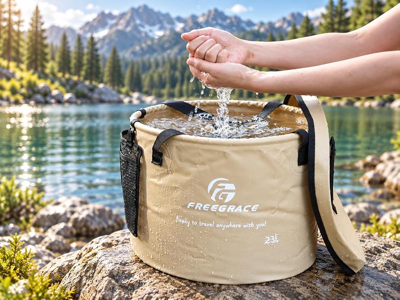 Freegrace 23L Collapsible Water Bucket with Lid – Khaki, With Lid, Portable Camping Wash Basin
