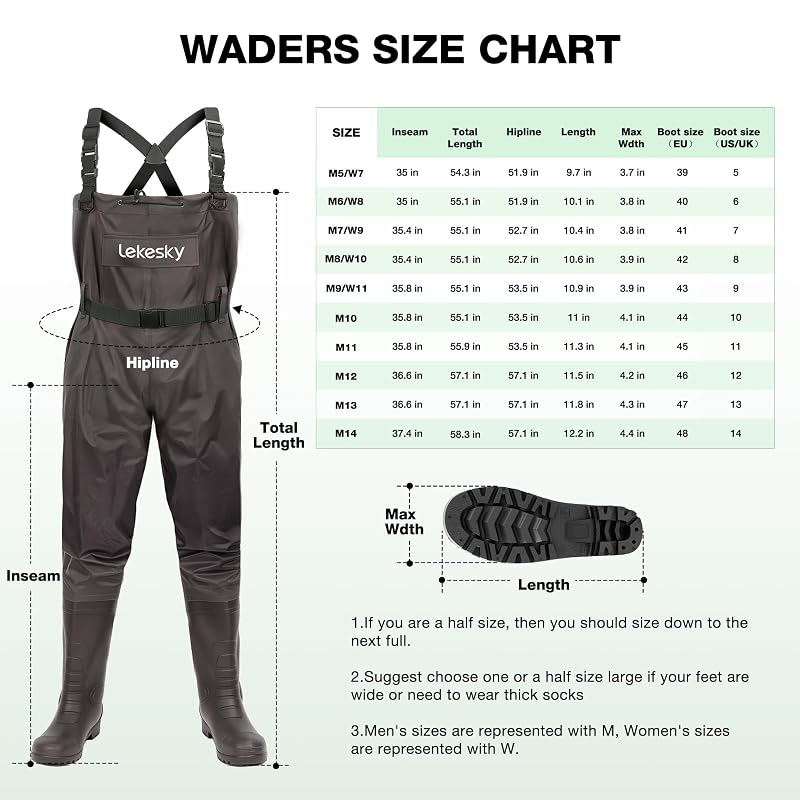 Lekesky Fly Fishing Chest Waders with Boots – 2-Ply Nylon/PVC, US 5–14, Brown + M10 Variation