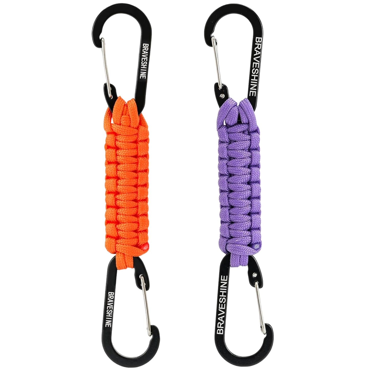 BRAVESHINE Carabiner Keychain Hook with Paracord Strap - 1 Purple 1 Orange D Ring Key Clips Para Cord Lanyard Hanger Stroller Hooks for Water Bottle, Belt Loop Keys, Backpacks, Boys, Girls, Men, Women