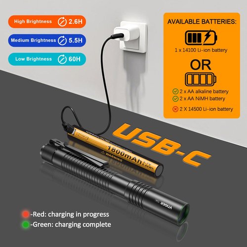 VTIGER T2A Compact EDC Flashlight,1500 High Lumens AA Rechargeable LED Flashlight, Super Bright Small Tactical Tail Switch Pocket Pen Light with Magnet for Camping,Hiking,Outdoor,Home,Emergency