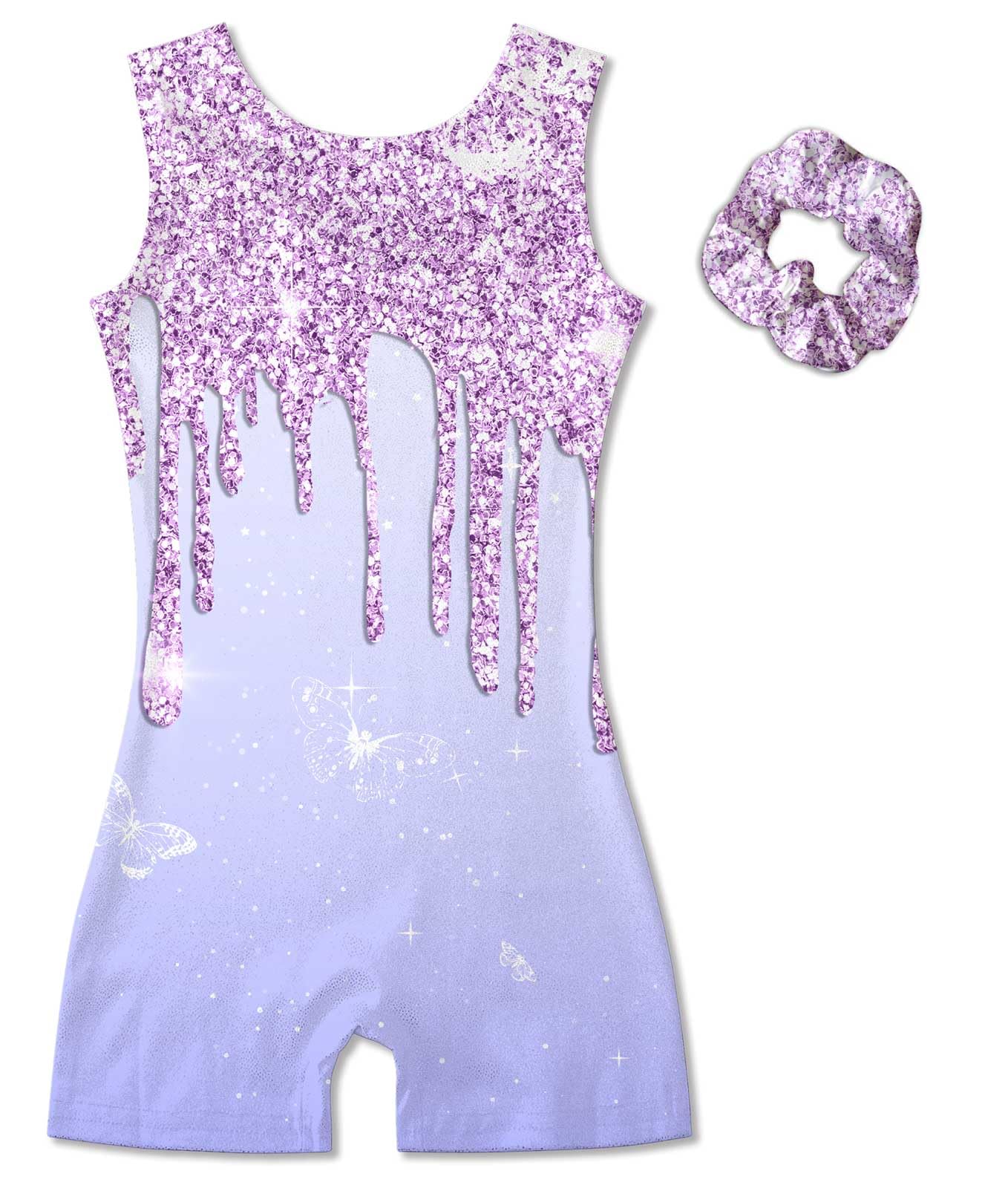 Vogseek Sparkly Gymnastics Leotards for Girls 4 5 Years Cute Light Purple Shiny Ballet Dance Unitards Biketards with Hair Scrunchie Kids Tumbling Shorts Activewear Clothes, Purple Fluid