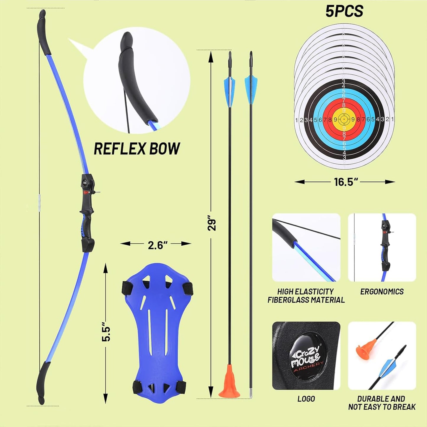 crazymouse Bow and Arrow for Teens Beginners Adults Recurve Bow Set 8 Arrows 5 Target Face Archery Longbow Kit Backyard Games Gift for Outdoor Sports (Blue Archery Bow Set)