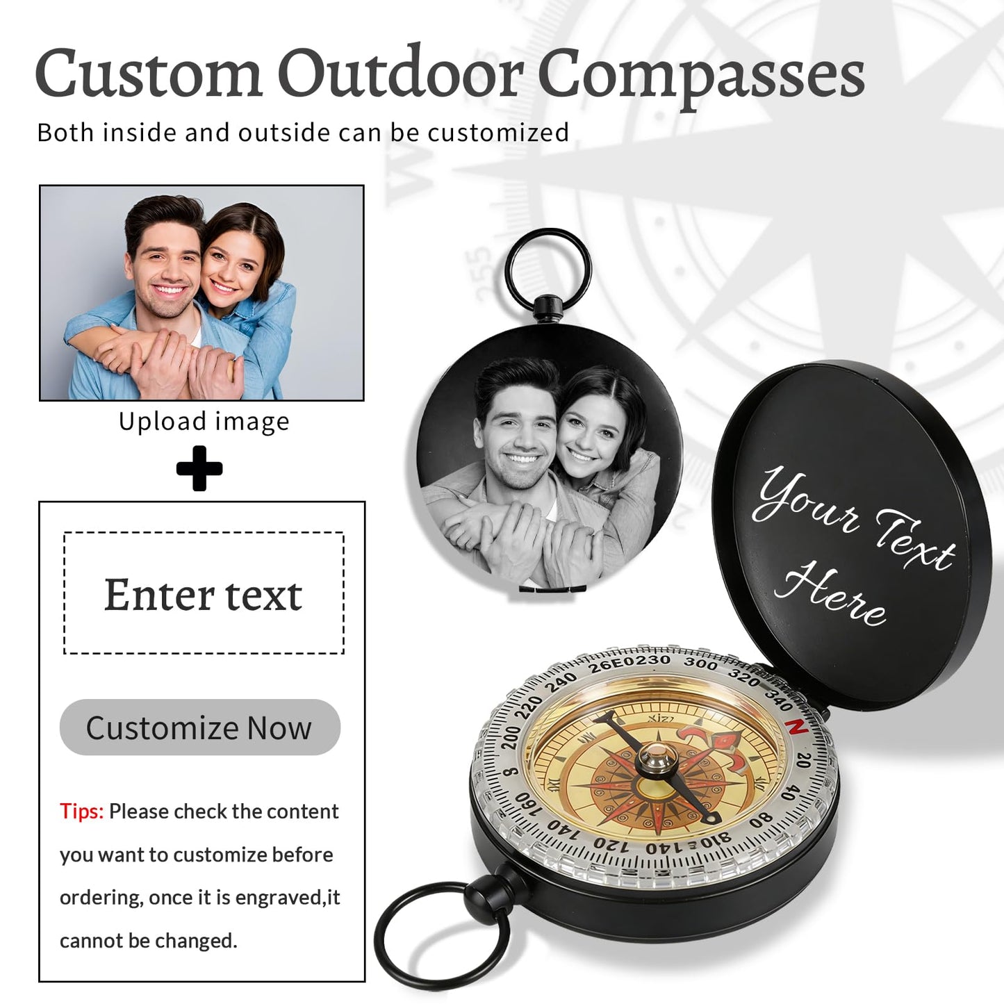 Custom Crowd Compass Keychain Engraved with Text Photo Personalized Brass Compas Waterproof Luminous Function for Men Boyfriend Groomsmen Son Graduation Gifts (Engraved Compass)