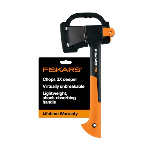 Fiskars X7 Small Hatchet Axe with Sheath for Chopping Wood Kindling for Campfires while Outdoors & Camping, Insert-Molded Forged Steel Head, Low-Friction Blade, Shock Absorbing Handle & Non-Slip Grip