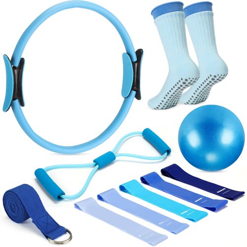 Silipull Set of 6 Pilates Ring and Ball Essentials Kit for Women 14" Circle Yoga Exercise Ball 5 Resistance Bands Stretching Workout at Home Pilates Equipment for Beginner Home Workouts(Blue)