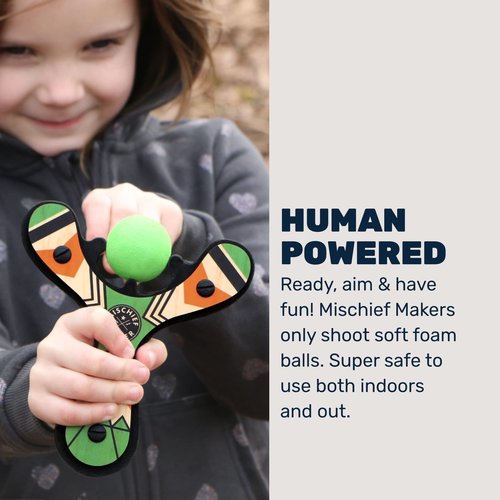 Mighty Fun! - Mischief Maker® Wooden Slingshot - Classic Series - Real Wood Slingshot for Kids, 4 Soft Foam Balls and Storage Bag - Ages 4+ (Green)