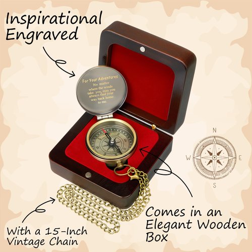 Relaxweex Compass Gift Set Engraved Compass with Chain Souvenir Present Bracelet with Greeting Card Walnut Wooden Box Gift Box for Women Men Friends Party Souvenir Favors(Adventure)