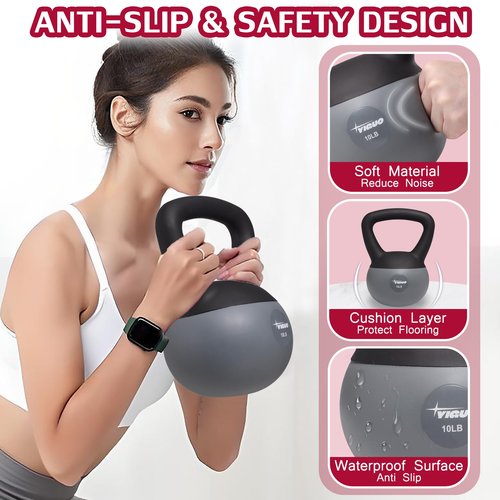 Soft Kettlebell, 10 lb Kettlebells Anti-Slip Grip Weight for Home Workouts, Cushioned soft-Sided Base, Safe Strength Training Kettlebell for Women & Men & Beginners (Grey)