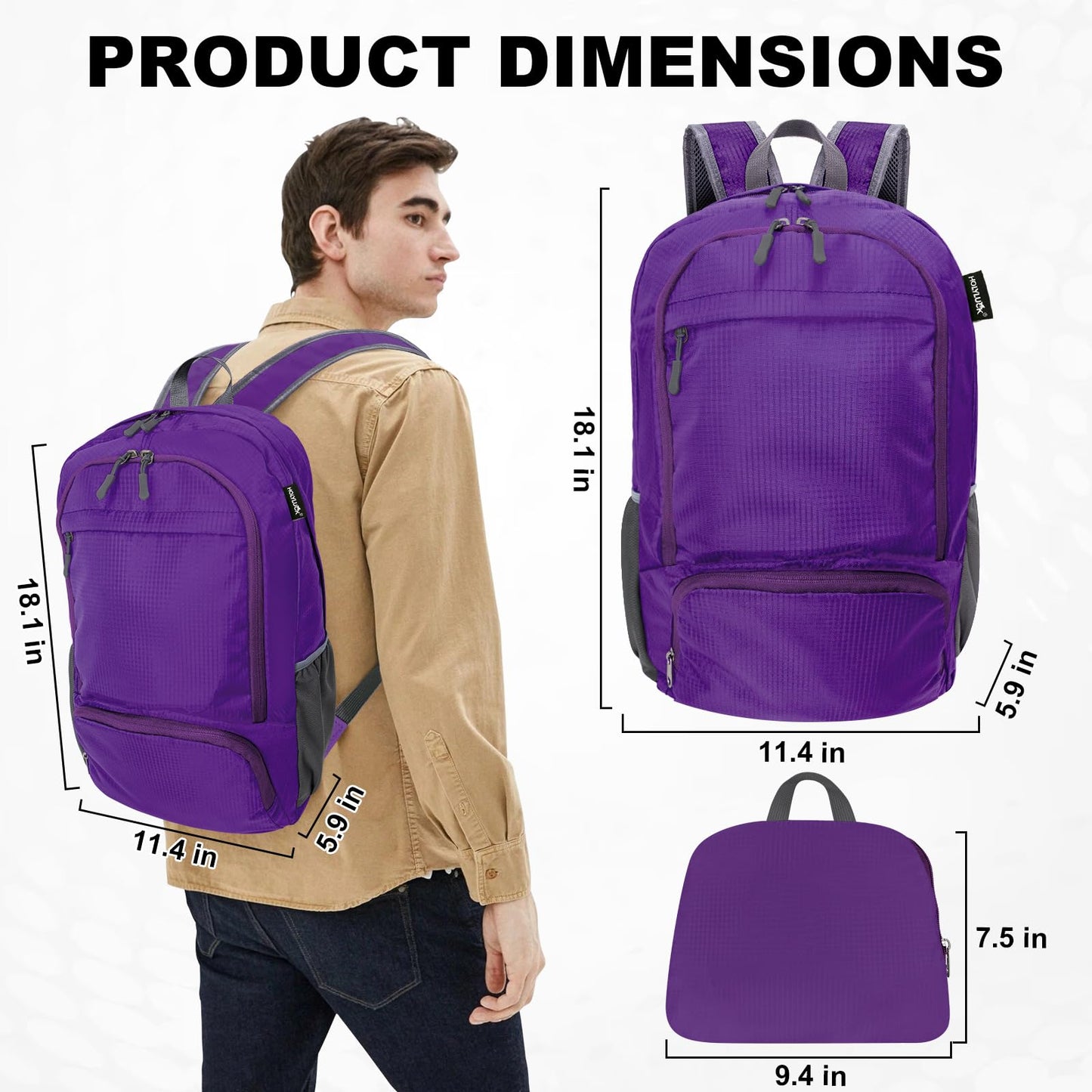 HOLYLUCK 20L Lightweight Packable Hiking Daypack Foldable Backpack for Men Women Small Travel Outdoor Foldable Shoulder Bag-purple