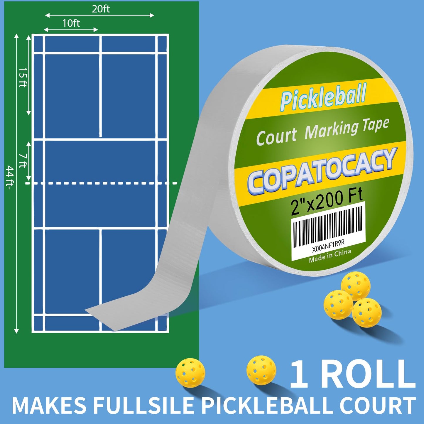 Pickleball Court Tape 2” x 200ft – Heavy Duty Temporary Court Marking Tape for Outdoor & Indoor Courts, Removable Pickleball Lines for Driveway, Gym Floor, Concrete, Basketball, Tennis & Badminton