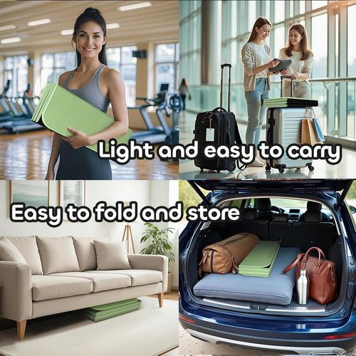 Foldable Extra Thick 1/2" Yoga Mat,Non Slip,Easy to Store for Yoga/Travel/Pilates/Workouts/Camping,Eco-Friendly Exercise (70.9"L x 24"W) (Green & Black)