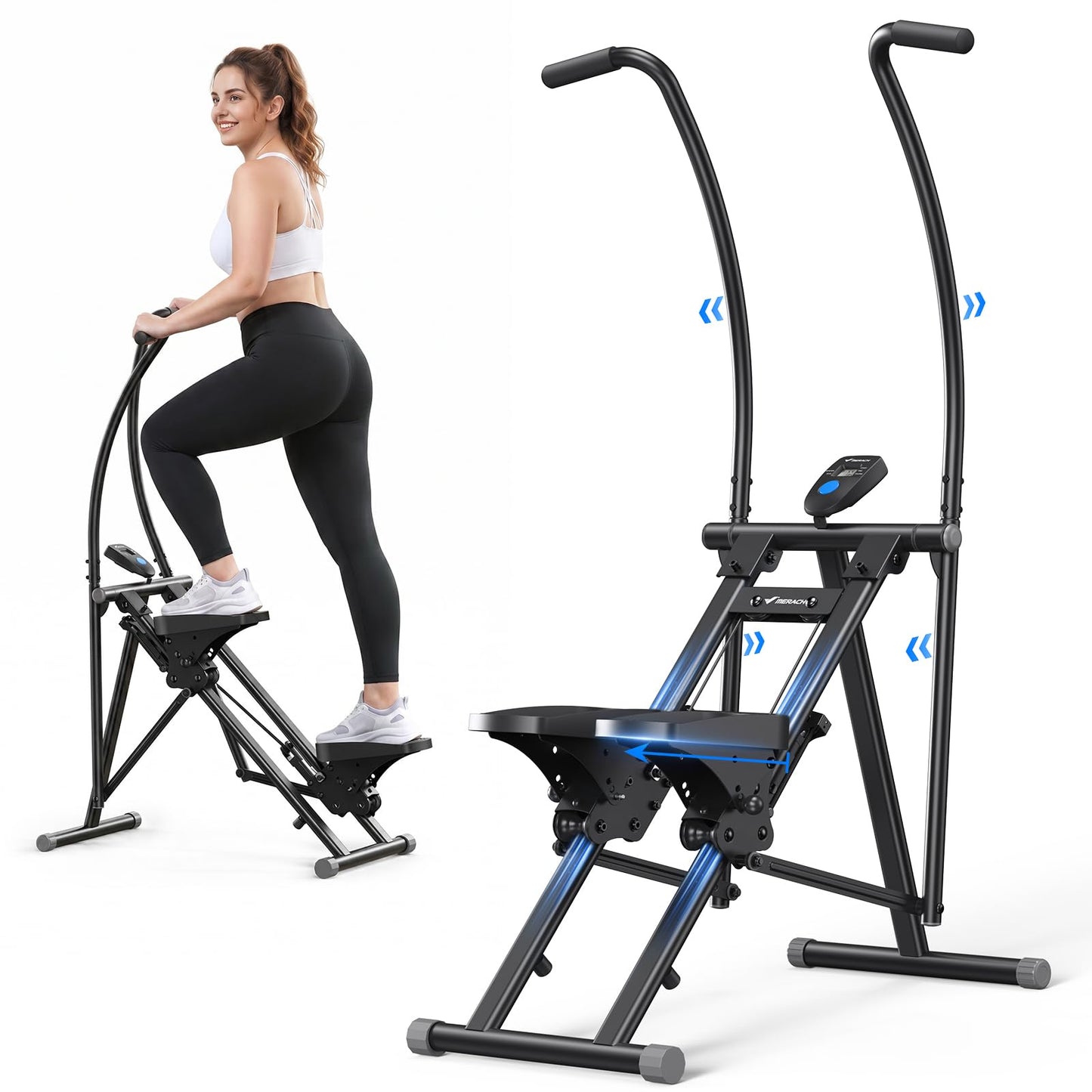 MERACH Stair Stepper, Hands & Feet Synchronized Stair Climber, Stairmaster for Full-Body Workout at Home, Compact Vertical Climber with Extended & Adjustable Pedals, Deep & Black