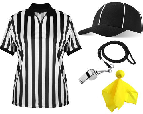 Geyoga 4 Pcs Men's Official Referee Costume Set Black and White Stripe Zipper Collar Referee Shirt Hat Stainless Whistle with Lanyard Yellow Penalty Flag for Halloween(X-Large)