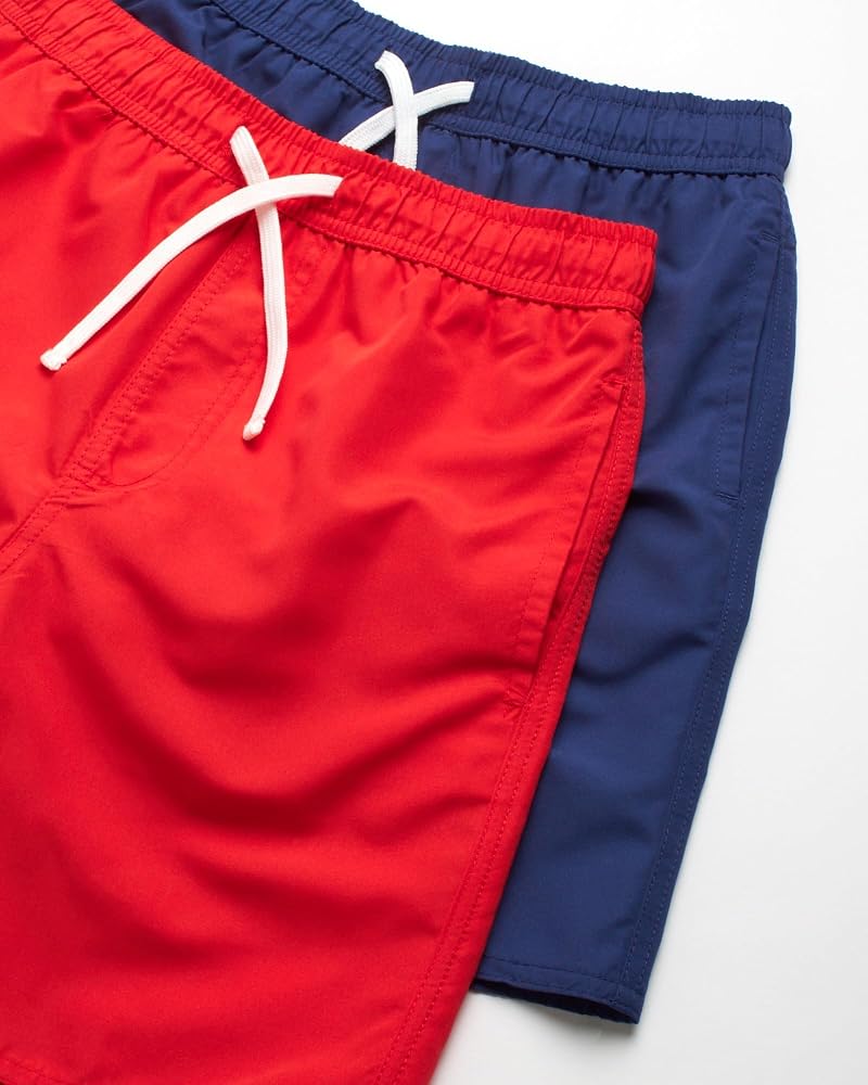 Quad Seven Boys Swim Trunks 2 Pack Navy/Red - Quick Dry Board Shorts with Pockets (Sizes 8-18)