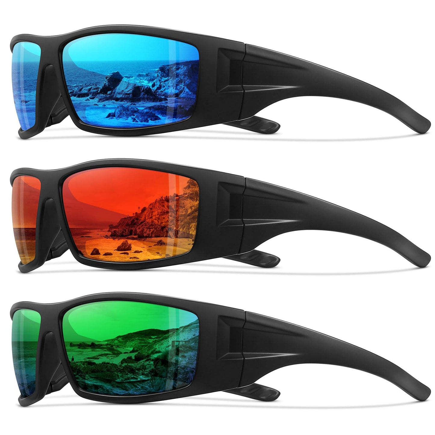 Ofwin Polarized Sports Sunglasses for Men Women Unbreakable Frame Cycling Fishing Wrap Around Sunglasses UV400 Protection 3Pack-Red+Blue+Green