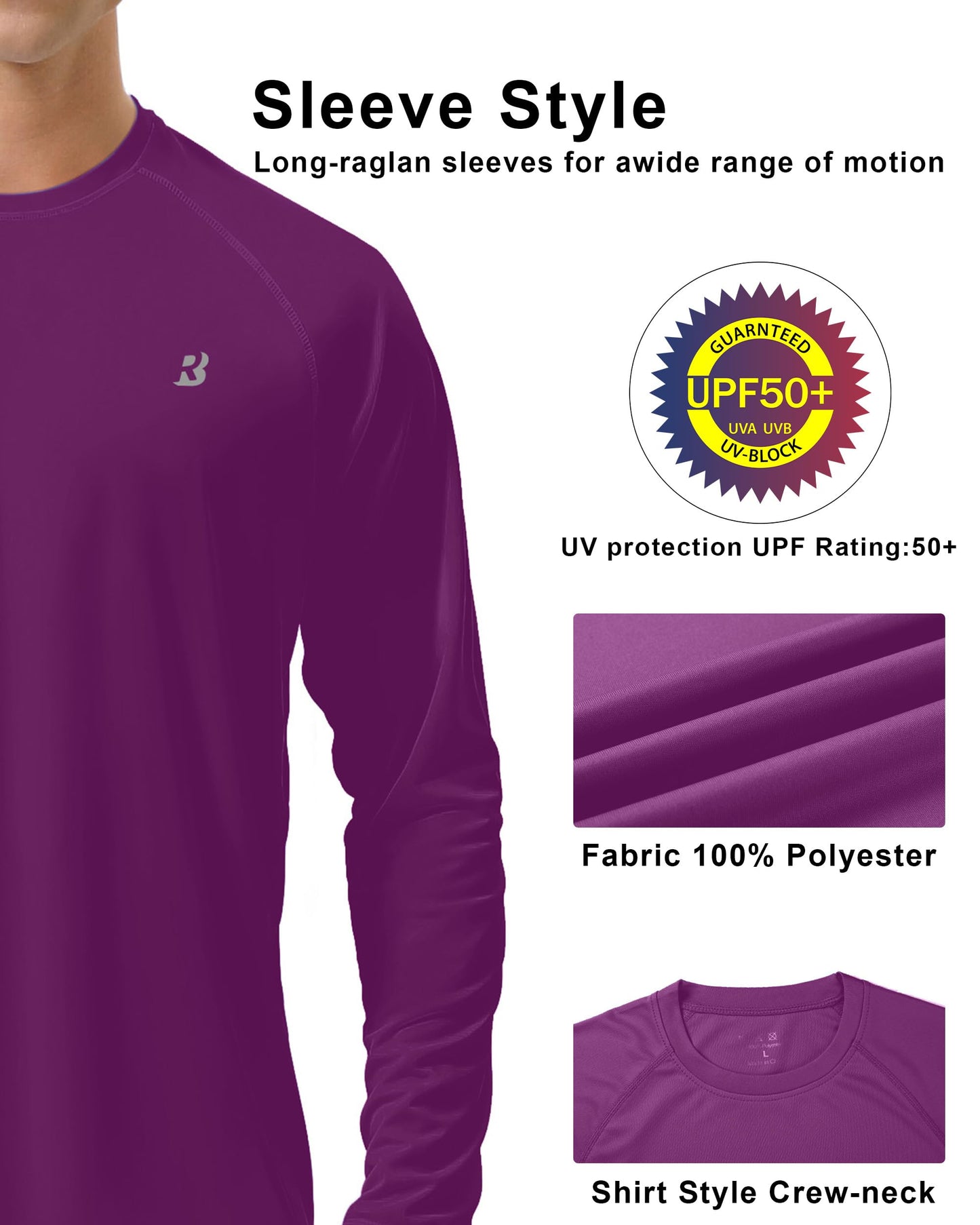 Roadbox Mens UPF 50+ Long Sleeve SPF Diving Rash Guard UV Sun Protection Shirts for Outdoor Fishing Hiking Swimming Running