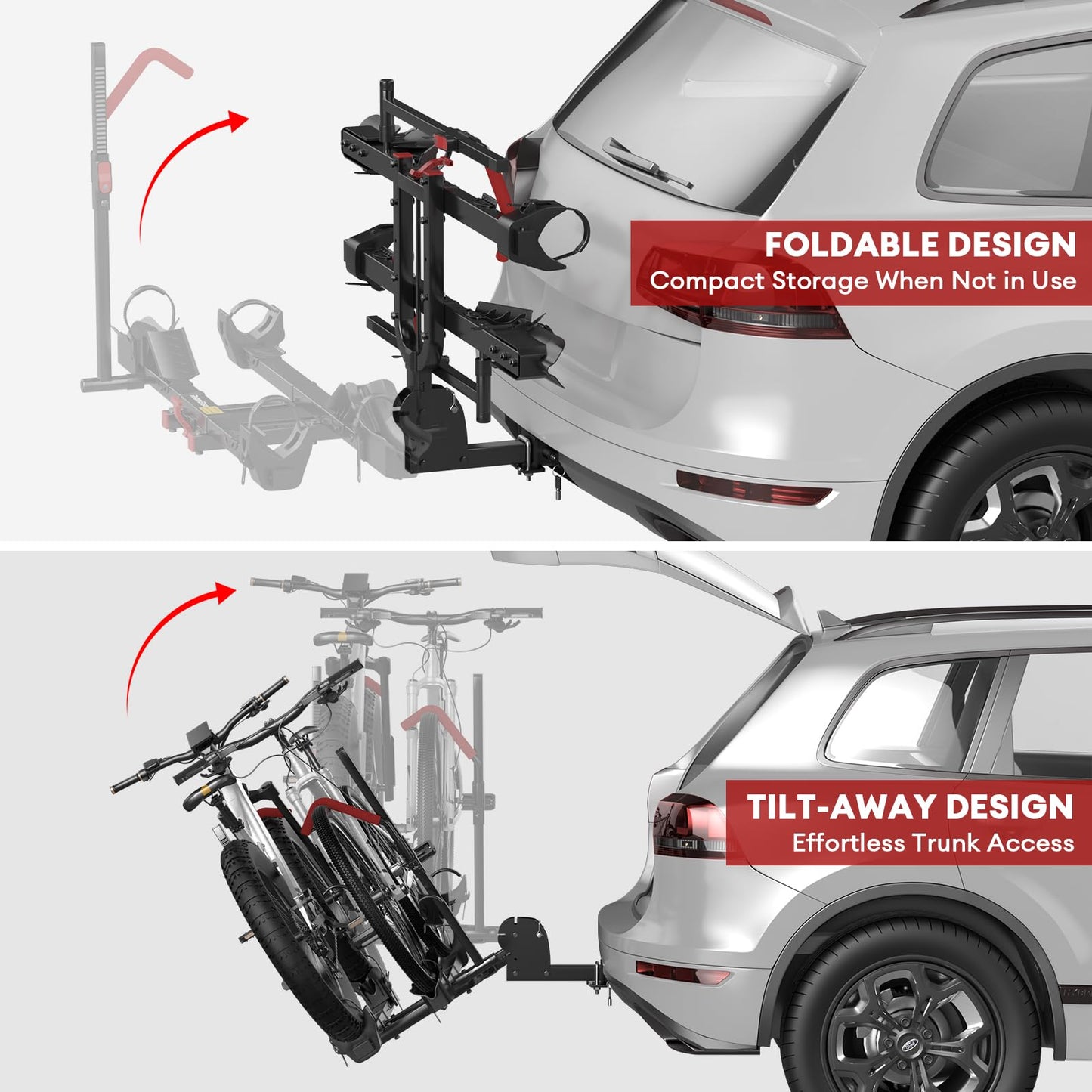 Hitch Mount Bike Rack with Ramp, 170lbs Capacity Foldable Electric Bike Carrier for 2 Heavy Ebike, Up to 5" Fat Tire fits Cars, SUVs, RVs, Trailers with 2 Inch Receiver