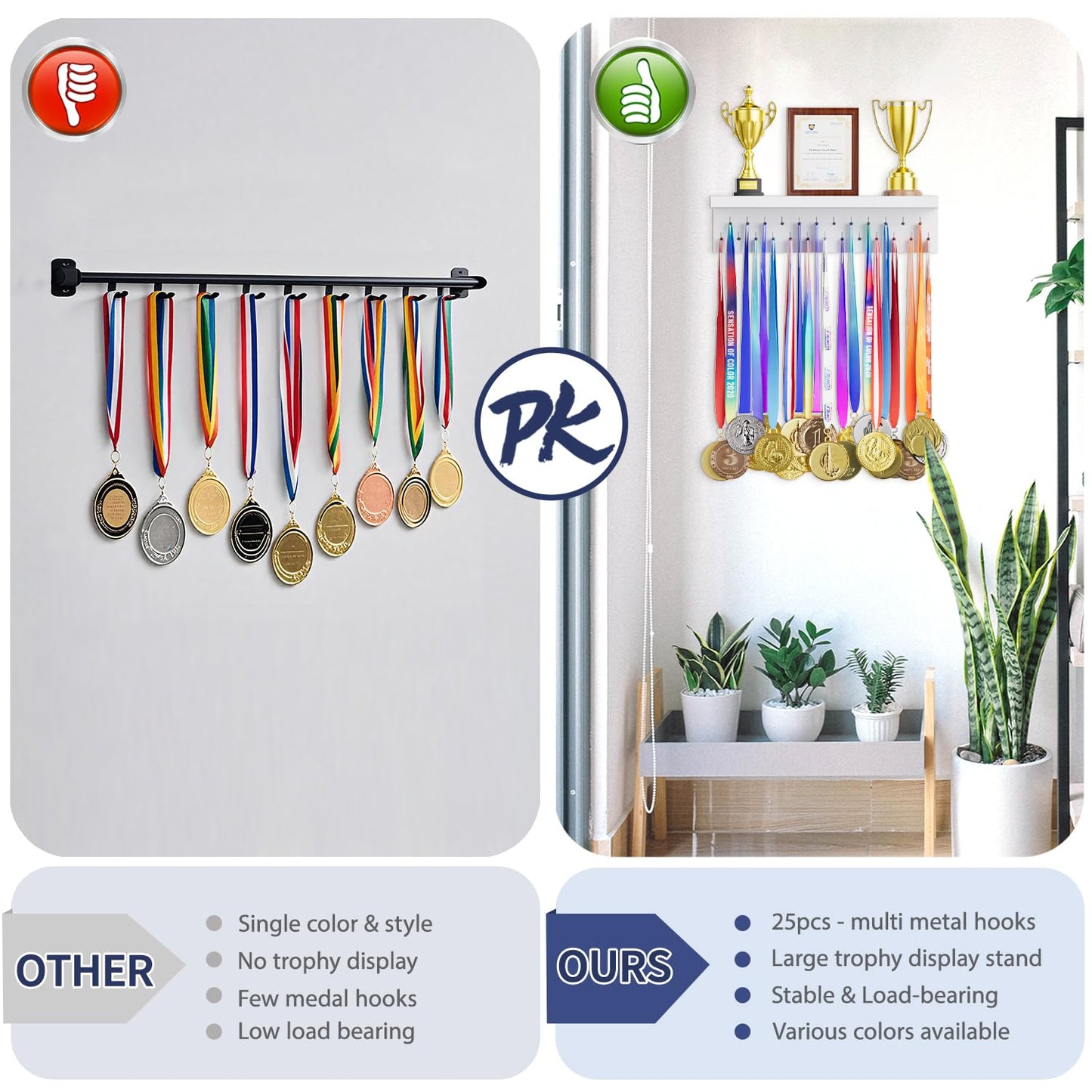 DSVENROLY Medal Holder Display Trophy Shelf Organizer, Sturdy Wooden Race Award Hanger Rack with 25 Steel Hooks, Wall Mount Storage Stand for Sports Fans, Cheer Success, White with Black Pegs