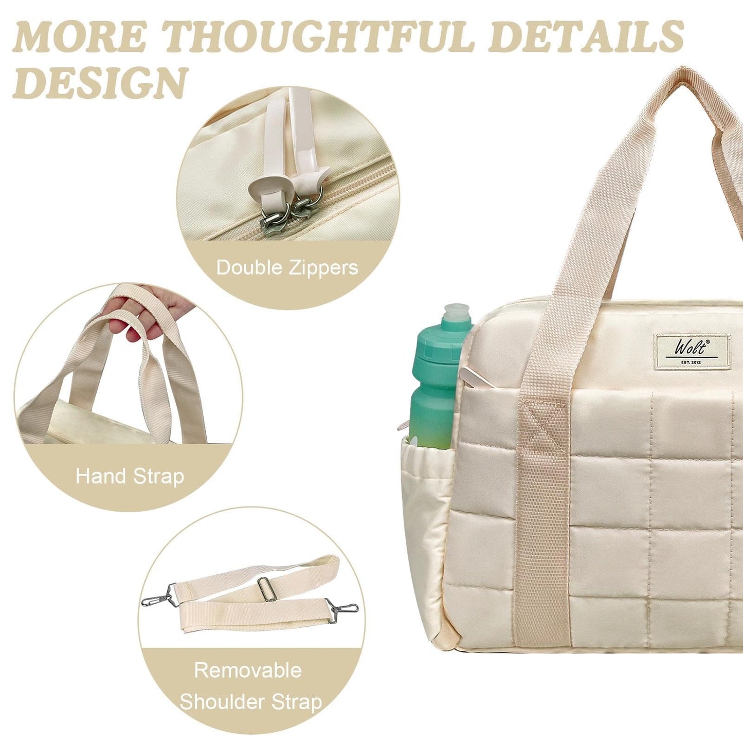 WOLT Small Gym Bag for Women, 14 inch Lightweight Gym Duffle Bag with Wet Compartment Quilted Tote for Sports Workout, Beige