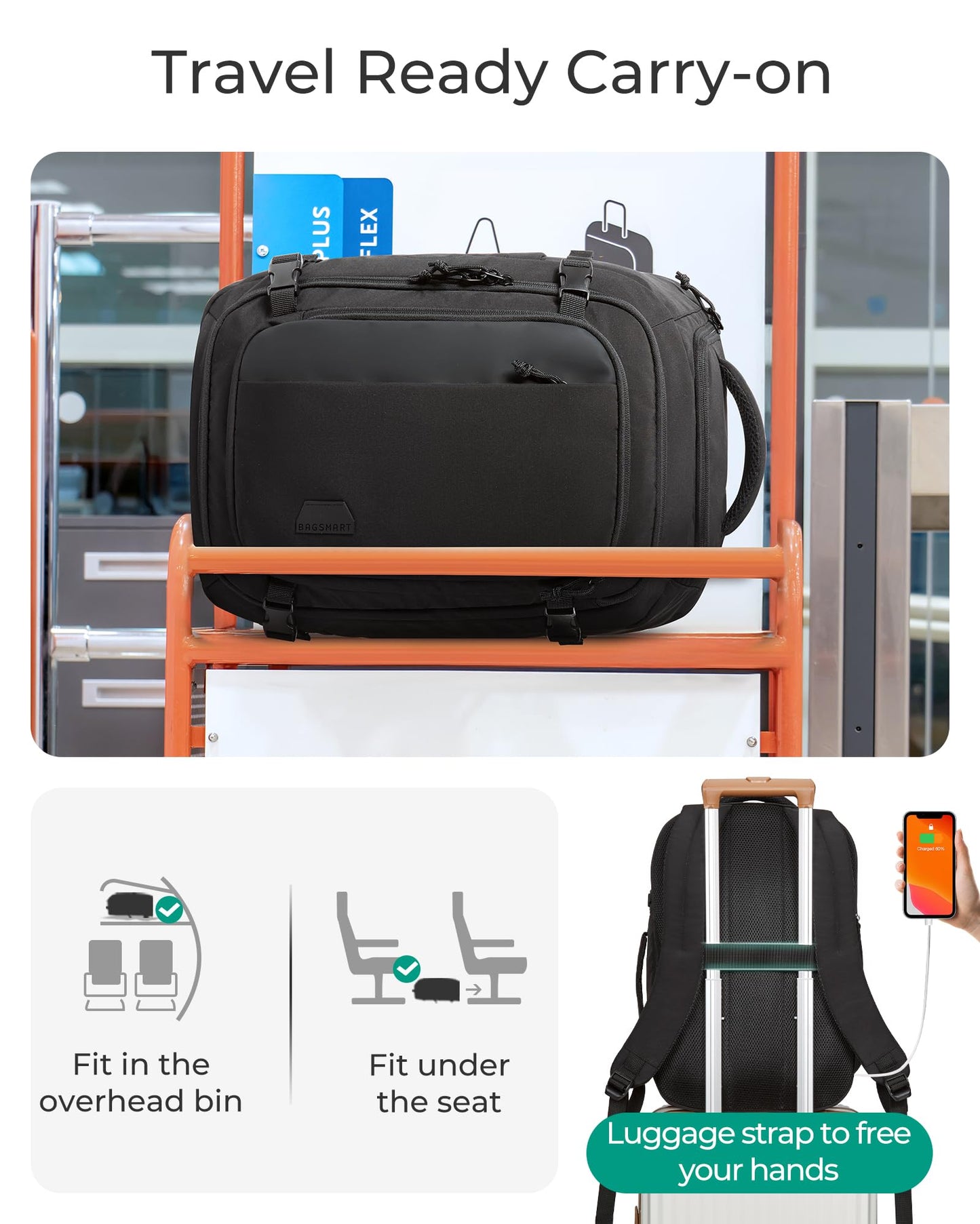 BAGSMART 28L Water-Resistant Travel Backpack, USB Port, 17.3" Laptop, Black