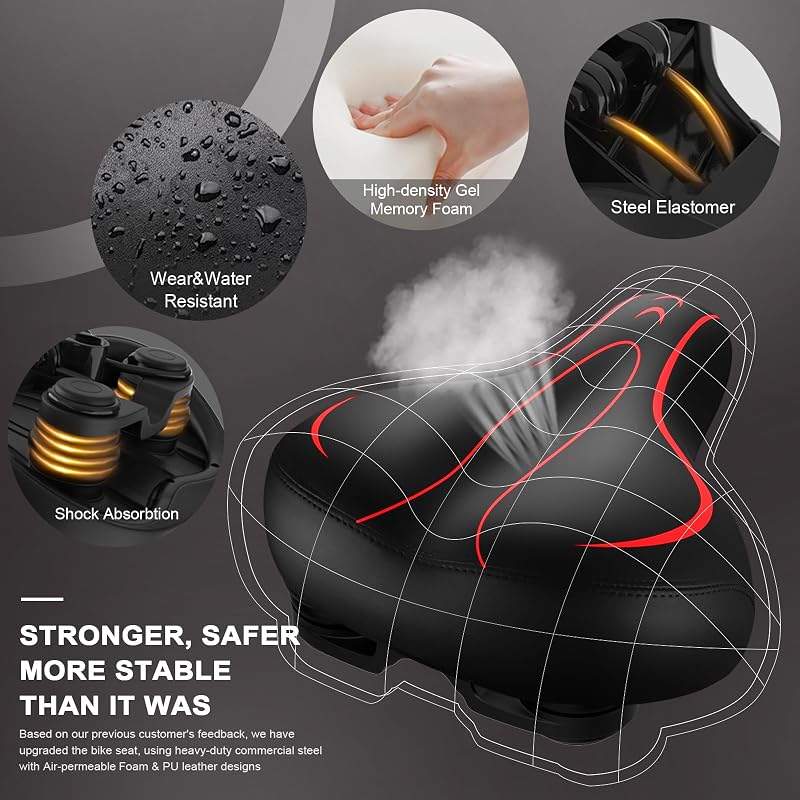 Roguoo Red Bicycle Seat Gel - Dual Shock Absorbing Waterproof Saddle for Mountain & Road Bikes