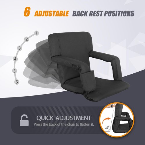 Nova Microdermabrasion 20.5"/25" Wide Stadium Seat for Bleachers w/Back Support Padded Cushion Portable Reclining Bleacher Seats Camping Stadium Chair Waterproof Black