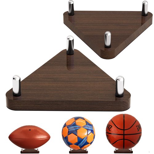 Happyseason 2-Pack Wood Football Stand, Basketball Stand with Stainless Steel Rods, Soccer Ball Holder, Volleyball Holder, Round-Edge Rack for Balls, Easy to Assemble (Brown)