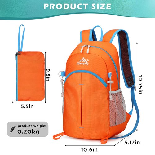 BiYiYun 20L Small Hiking Backpack for Men Women, Lightweight Foldable Daypack Water-resistant Travel Camping Packable Backpack (Orange)