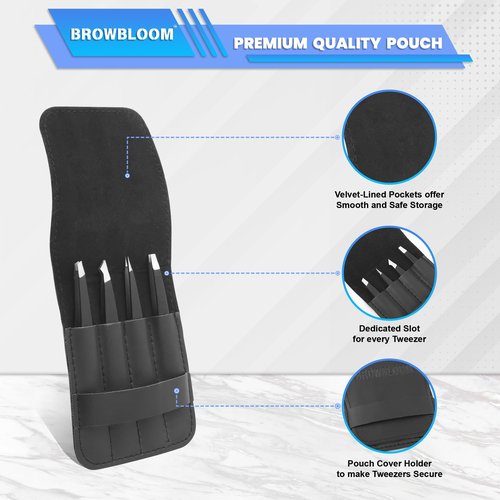 BROWBLOOM 4Piece Set of Professional Tweezers for Women Facial Hair, Black Stainless Steel Precision Tweezer for Ingrown Hair, Eyebrow Tweezers for Men Comes in Carrying Pouch (Black Set)