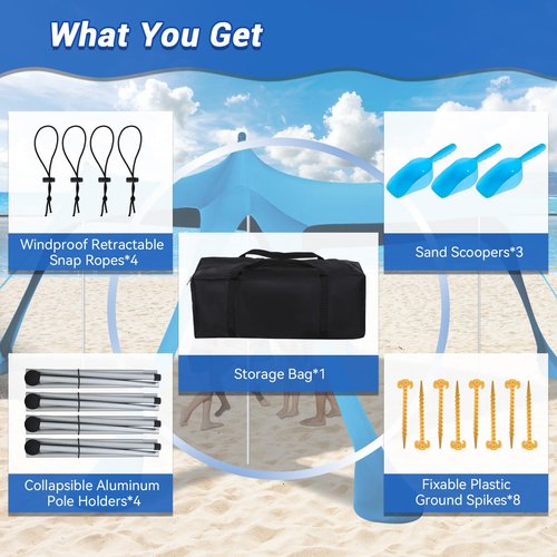 Beach Tent Sun Shelter,10 x 10FT Beach Canopy Tent Sun Shade with 8 Sandbags & 4 Poles, UPF50+ Beach Tent Canopy with Carrying Bag for Camping Trips, Fishing, Backyard Fun or Picnics Light Blue