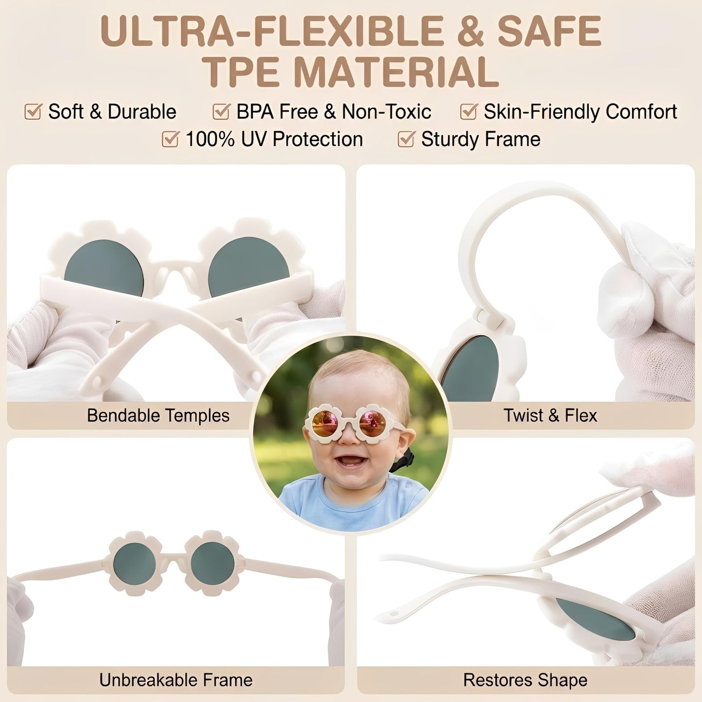 GLARDEFE Polarized Baby Sunglasses with Strap - Unbreakable Infant Flowers Sunglasses for Newborn Girls Boys Age 0-12 Months(White/Red Mirror + Pink/Pink Mirror + Beige/Brown)
