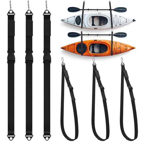 Seenelling 4 Pcs Kayak Straps for Wall Hanging Kayak Hoist Sling Hanger Straps with Carabiner for Indoor Outdoor Surfboard Paddle Canoe Sup Board in Garage Beach Storage Accessories (Black)